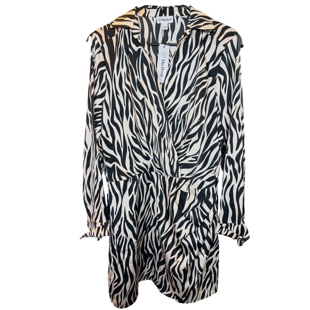 The Drop Women Zebra Print Wrap Front Mini Dress Long Sleeve Large NWT